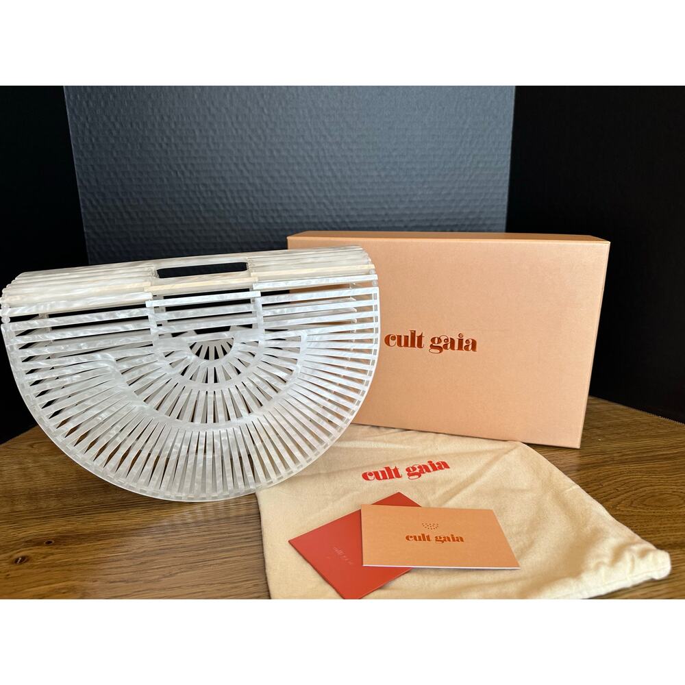 NIB CULT GAIA Acrylic Ark Small Clutch Handbag Pearl White Dustbag Card